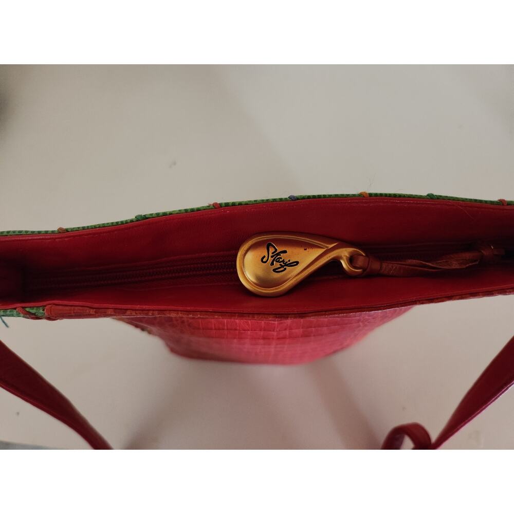 Vintage Sharif USA Purse Woven Leather Shoulder Bag Green Red Yellow 1980s - Picture 6 of 7